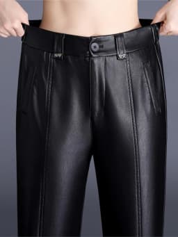 ZUZK New Straight PU Leather Long Pants Women Elastic Waist High Waist Autumn Winter Fashion Warm Elegant Leather Trousers