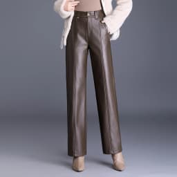 ZUZK New Straight PU Leather Long Pants Women Elastic Waist High Waist Autumn Winter Fashion Warm Elegant Leather Trousers