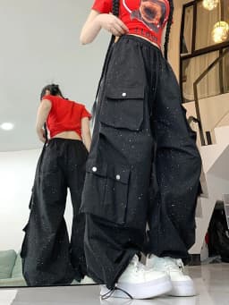 Glitter Streetwear Cargo Pant Women Hip Hop Pockets Harajuku Black Trousers American Casual Bf High Waist Retro Loose Y2K Pants