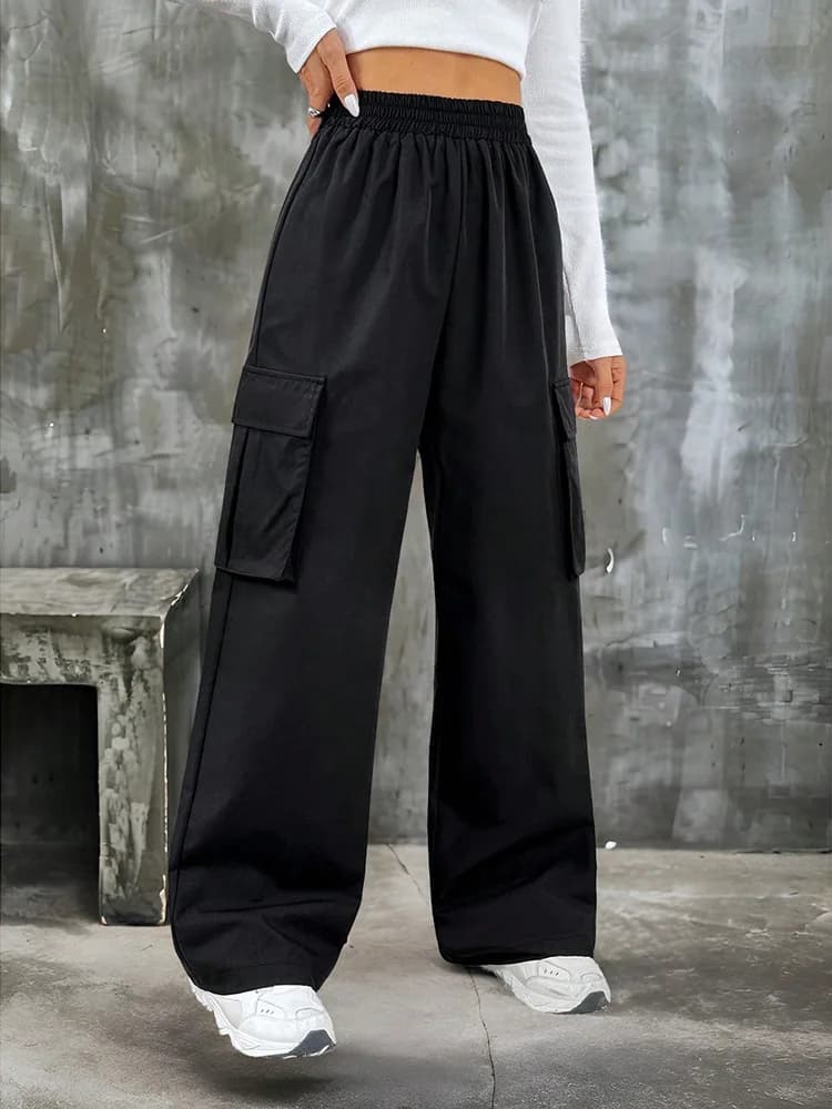 Elegant Solid High Waist Ripped Pant Fashion Women Pocket Elastic Straight Cargo Pants Casual Streetwear Sweatpant Y2K Trousers