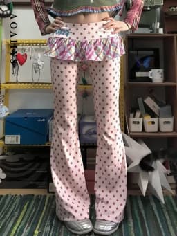 Aoaiiys Harajuku Pants for Women Kawaii Fake Two Piece Wide Leg Trousers Sweet Pink Star Waist Skirts Pants Spring Summer New