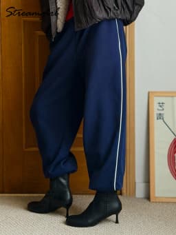 Women Sweatpants Cotton Red Side Striped Sports Pants Straight Elastic Waist Pants For Women Navy Blue Sweatpants With Stripe