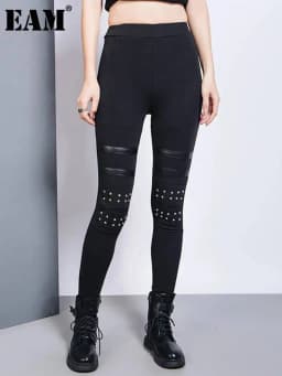 EAM High Elastic Waist Black Brief Long Rivet With Fleece Casual Pants New Trousers Women Fashion Autumn 2026 1DH7172