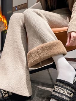 High Waist Thickened Knitted Flared Pants Women's Autumn Winter Fleece Slim Fit Casual Floor Length Hoof Pants