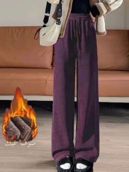 Autumn Winter Women's Fleece Lined Thickened Corduroy Wide Leg Pants Casual Style High Waist Elastic Closure Polyester Fiber