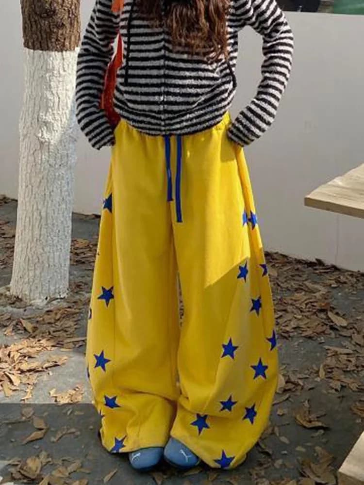 American Vintage Stars Sweatpants Women Oversize High Waist Y2K Yellow Pants Fall Winter Streetwear Female Retro Loose Trousers