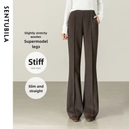 SENTUBILA Women's Wool Blend Trousers 2026 Autumn Winter Elastic Waist Side Zipper Flare Pants Casual Commute Bottoms 154K80271
