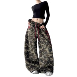 Women's Vintage Camouflage Oversized Wide Leg Sweatpants Red Drawstring Letter Embroidery Streetwear Pants