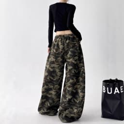 Women's Vintage Camouflage Oversized Wide Leg Sweatpants Red Drawstring Letter Embroidery Streetwear Pants