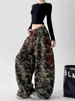 Women's Vintage Camouflage Oversized Wide Leg Sweatpants Red Drawstring Letter Embroidery Streetwear Pants