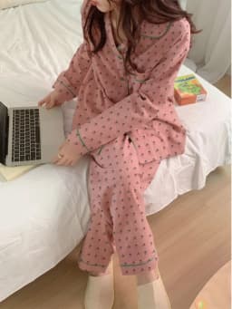 Strawberry Print Sleepwear Long Sleeve Long Pants Women's Outerwear Home Clothes Spring Autumn Sweet Style Casual Loose...