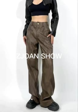 American Retro Washing Color Brown Wide Leg PU Leather Pants Woman High Waist Loose Long Straight Trousers Casual Bottom