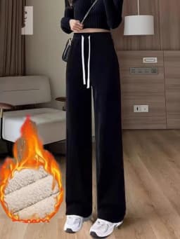 Afashion Lamb Velvet Wide Leg Pants Women's Thickened Autumn Winter Casual Slim Fit Corduroy Warm Straight Leg Trousers Hi
