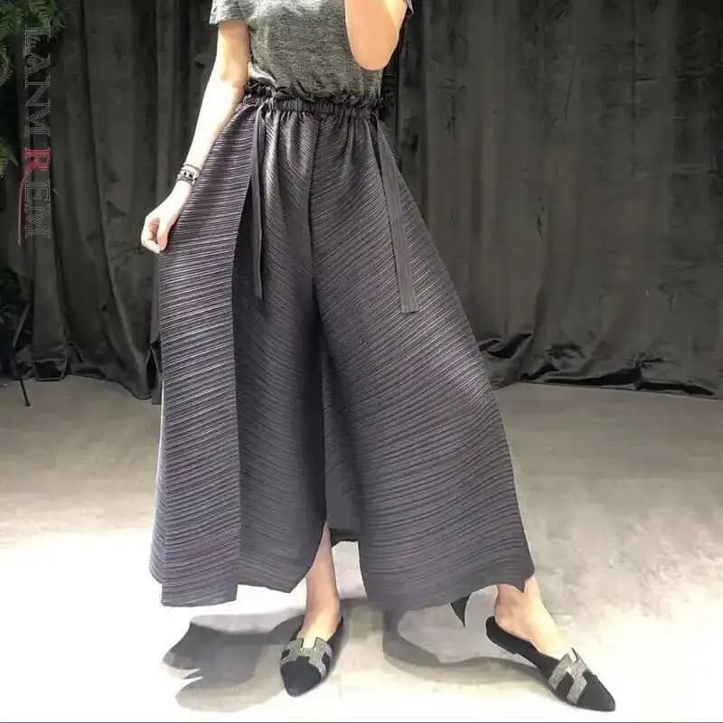 LANMREM pleated straight pants for famale 2025 spring new elastic waist pleated wide leg pants women YJ444
