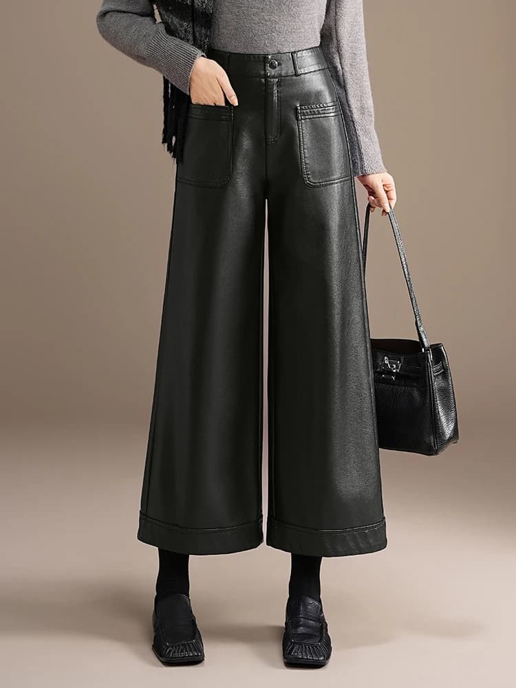 ZUZK High Quality PU Leather Capri Pants New Women 2026 Autumn Winter Chic Short PU Leather Pants Elegant LeatherTrousers