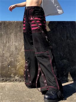 Women Loose Cargo Pants Y2K Aesthetic Gothic Graphic Trousers High Waist Buckle Chain Long Pants with Pockets Hip Hop Streetwear