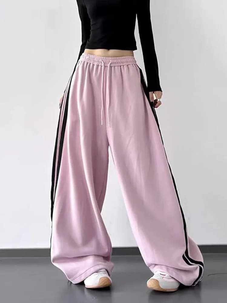 Y2K Vintage Striped Sweatpants Women Streetwear American Hip Hop Loose Pants Retro High Waist Casual Lace Up Spring Bf Trousers