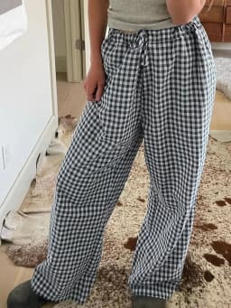 Women Loose Plaid Pants Casual Loose Elastic Straight Wide Leg Trousers with Pockets for Work Office Streetwear