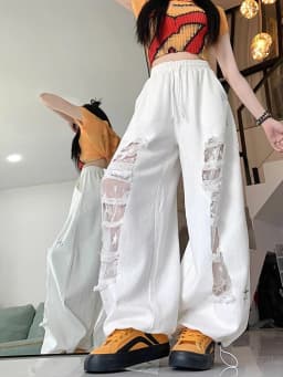 Y2k Hole Wide Leg Pant Women Streetwear Loose High Waist Lace Patchwork Trouser American Vintage Casual Harajuku Bf Pants