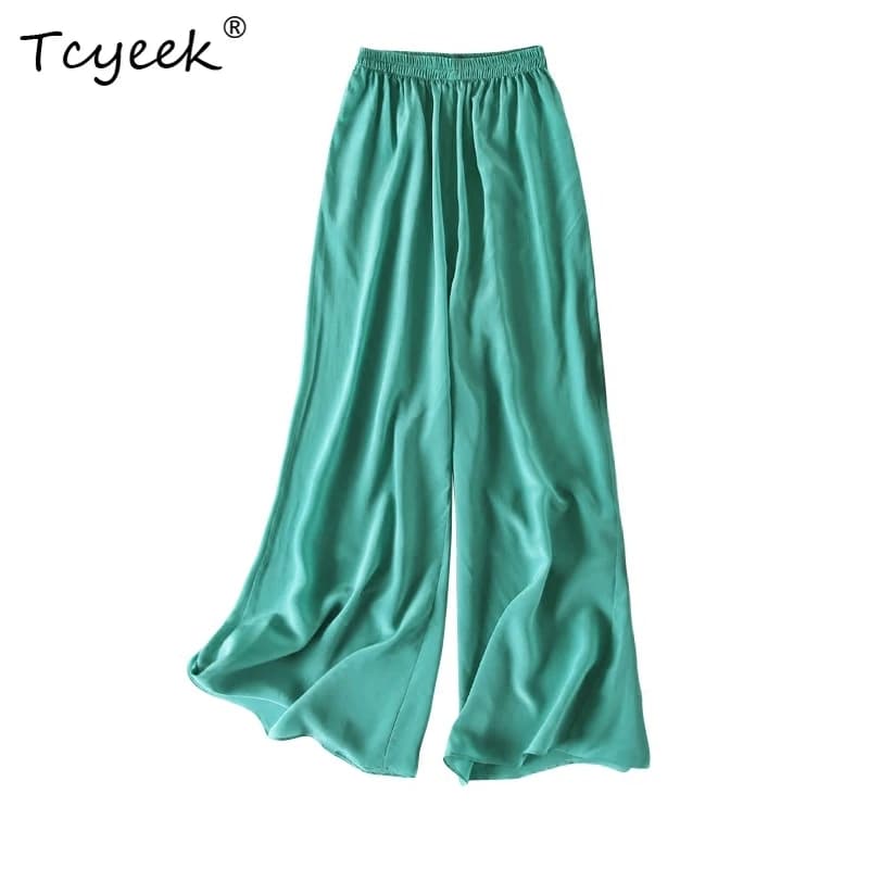 Tcyeek 100% Natural Silk Pants Women Summer Clothes Casual Elastic Waist Wide Leg Pants Solid Color Woman Trousers Streetwear