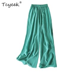 Tcyeek 100% Natural Silk Pants Women Summer Clothes Casual Elastic Waist Wide Leg Pants Solid Color Woman Trousers Streetwear
