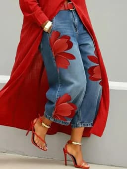 Women's Casual Floral Print Loose Jeans Fashion High Waist Cropped Wide Leg Denim Pants Chic New Daily Street Plus Size Trousers