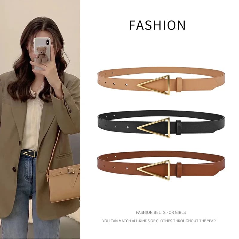 2023 New Wide Belt Women's BV True Cowhide Triangle Smooth Buckle Belt Minimalist INS Style Suit Dress Belt