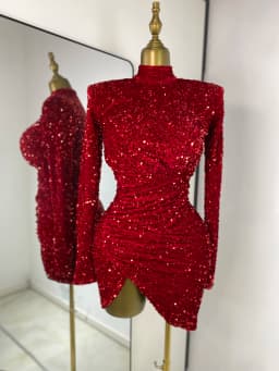 Special Occassion Dress Women Red Sparkly Sequines Long Sleeve Turtleneck Drapped Asymmetric Bodycon Mini Birthday Evening Dress