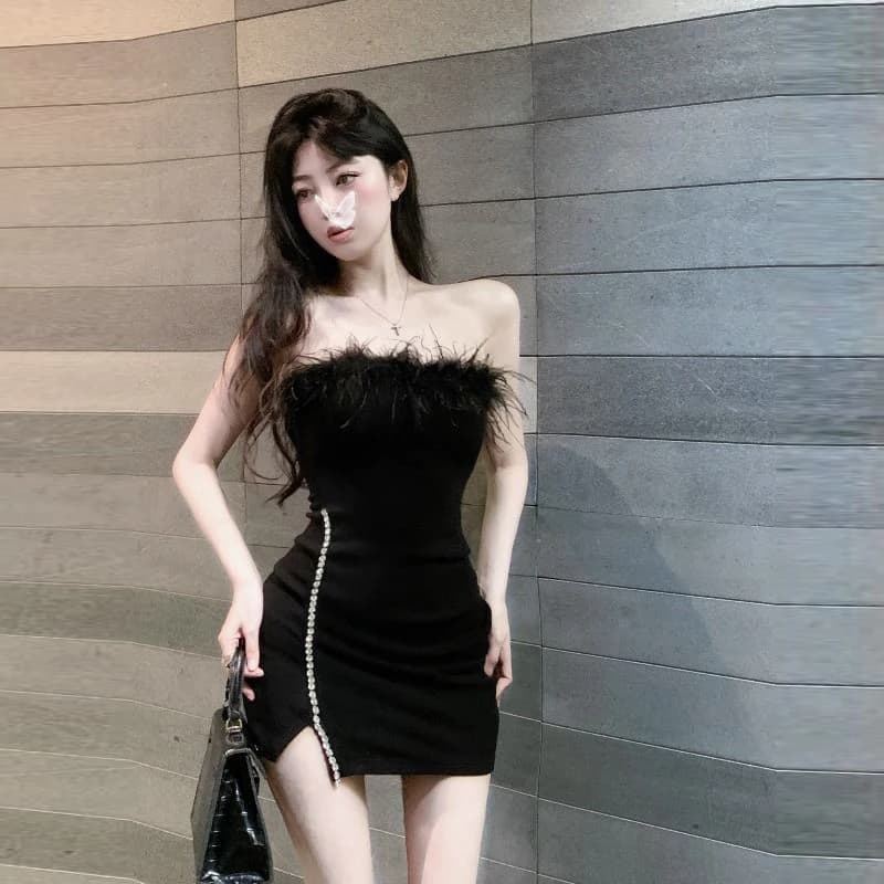 Strapless Dress Women Feather Collar Beaded Slit Birthday Party Wrapped Dresses