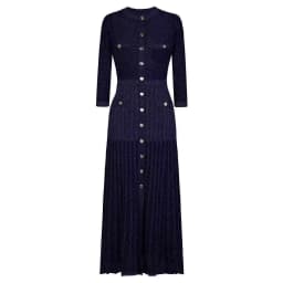 Trendy Women Knitted Midi Dress 3/4 Sleeve Button Front Pleated Slim Fit Navy Blue Elegant Casual Dress 2025