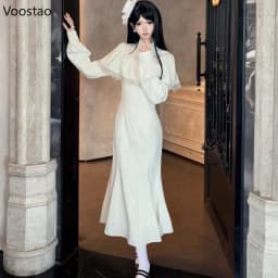 Japanese Style Gothic Y2k Lolita Dress Elegant Women Long Sleeve Lace Ruffles Cape Slim Party Dress Victorian Vintage Punk Dress