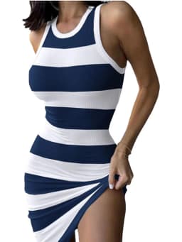 Summer Women Sundress Casual Women O-Neck Sleeveless Striped Print Boydcon Dress Slim A-Line Mini Stretch Vestidos YML-B9022