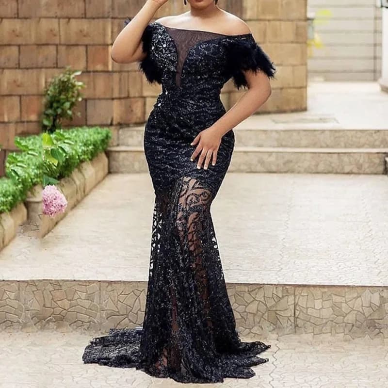 Women Dress One-line Shoulder Sequin Slim-fit Bag Hip Mermaid Evening Dress Elegant Women's Dress A-line Dresses Evening Dress