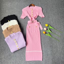 YuooMuoo 2026 Autumn Winter Women Knitted Dress Brand Fashion O-neck Buttons Bodycon Sweater Dress with Belt Lady Office Dress