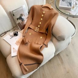YuooMuoo 2026 Autumn Winter Women Knitted Dress Brand Fashion O-neck Buttons Bodycon Sweater Dress with Belt Lady Office Dress