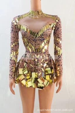 Fashion Stretch Sequins Mirror Dress Women Bodysuit Dancewear Long Sleeve Drag Queen Costume Rave Festival Night Out BodySuits