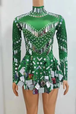Fashion Stretch Sequins Mirror Dress Women Bodysuit Dancewear Long Sleeve Drag Queen Costume Rave Festival Night Out BodySuits