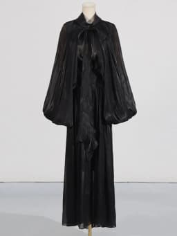 VGH Minimalist Spliced Folds Maxi Dresses for Women Scarf Collar Lantern Sleeve Loose Waist Casual Temperament Dress Female New