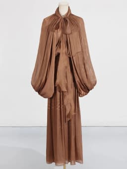 VGH Minimalist Spliced Folds Maxi Dresses for Women Scarf Collar Lantern Sleeve Loose Waist Casual Temperament Dress Female New