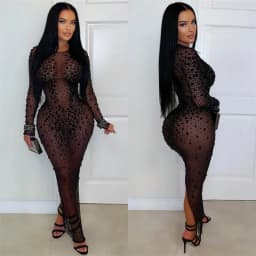 Doyerl Mesh See Through Black Rhinestone Dress Luxury Sexy Women Night Club Party Long Sleeve Back Split Bodycon Maxi Dresses