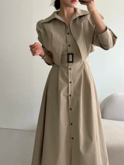 Slimming Effect Korean Style Chic New Fashionable Belted Waist Dress French Style Shirt Sleeve Long Dress for Ladies