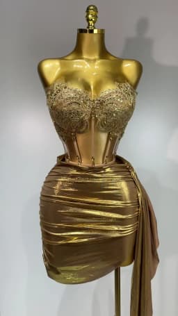 Women Sexy Strapless Sequins Rhinestone Gold Dress Glitter Top Two Pieces Sets Birthday Evening Party Club Singer Stage Outfit