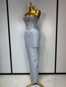 Women Sexy Strapless Backless Long Bandage Dress Fashion Light Grey Sleeveless Beading Cocktail Party Luxury Birthday Gown