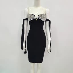 New Women Summer Sexy Backless Pearl Diamonds Crystal Black Mini Bodycon Bandage Dress 2021 Elegant Evening Party Dress Vestido