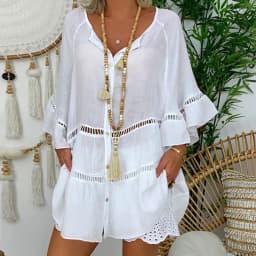 Sexy Yellow Loose Hollow Out Dress Summer V Neck Long Sleeve Cotton Linen Baggy Party Dresses Oversized S-5XL ARJ-138Y
