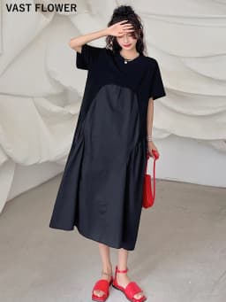 Patchwork Pleated Black Vintage Dresses For Women New Korean Fashion Short Sleeve Loose Casual Summer Long Dress Clothing 2026