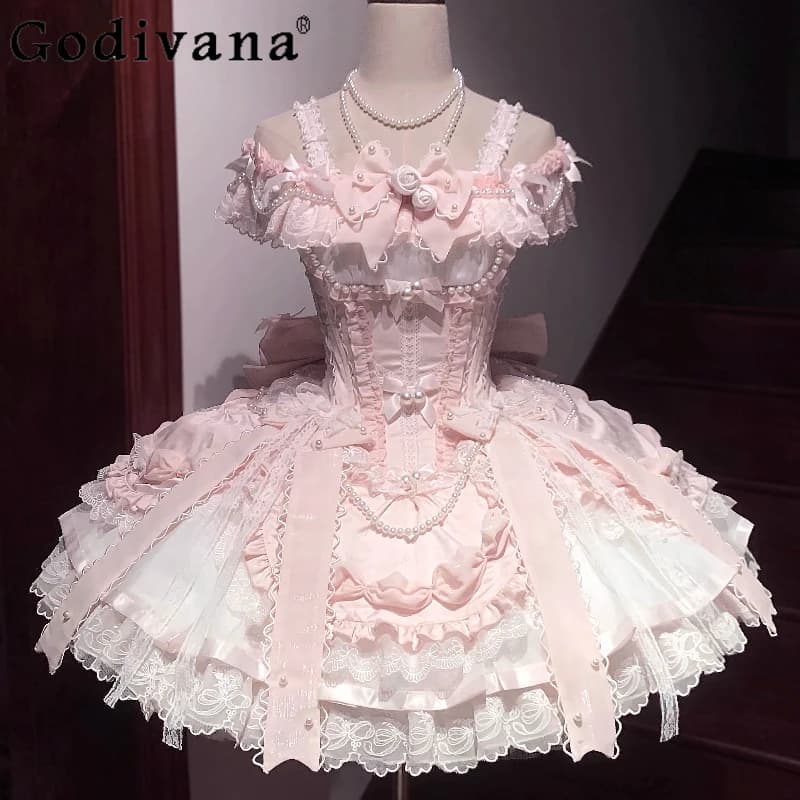 Pink Sweet Lolita Princess Dresses JSK Girl's Woman's Slim-Fit Elegant Lace Bow Tail Birthday Dress Y2k Ballet Style Mini Dress