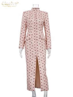 Clacive Fashion Slim Print Women's Dress 2026 Vintage Stand Collar Long Sleeve Midi Dresses Elegant Classic Slit Femlae Dress