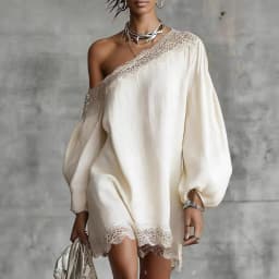 Elegant Lace Trim Mini Dress For Women Off Shoulder Long Puff Sleeves Fashion Date Night Evening Short Dresses Vestidos