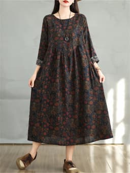 Cotton Vintage Print Floral Dresses 2026 Women Casual Loose Long Sleeve Dress Femme Robe Vestidos Elegant Spring Autumn Clothing
